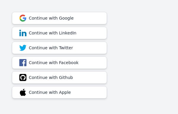 Continue with social login buttons (google, linkedin, twitter, facebook, github, apple)