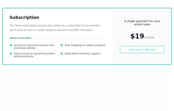 Pricing card for subscription