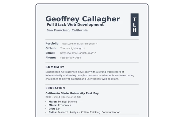 tailwind one page resume cv template