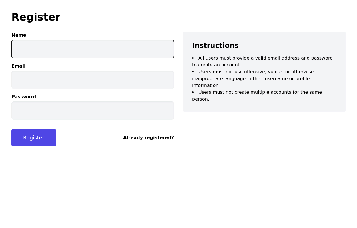 User registration form with Instructions