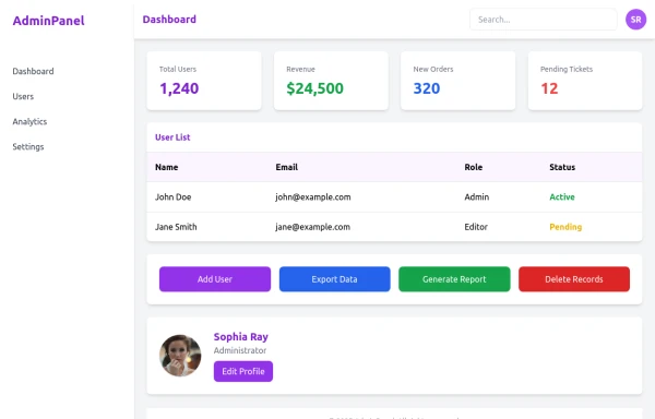 admin panel UI