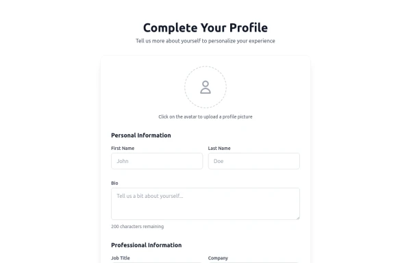 Complete Profile Form with Avatar Upload & Social Links