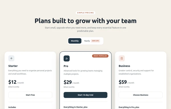 Responsive SaaS Pricing Cards with Monthly Yearly Toggle