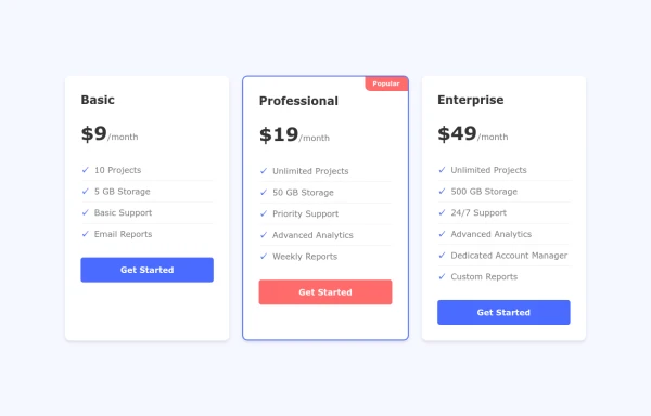 Interactive Pricing Cards