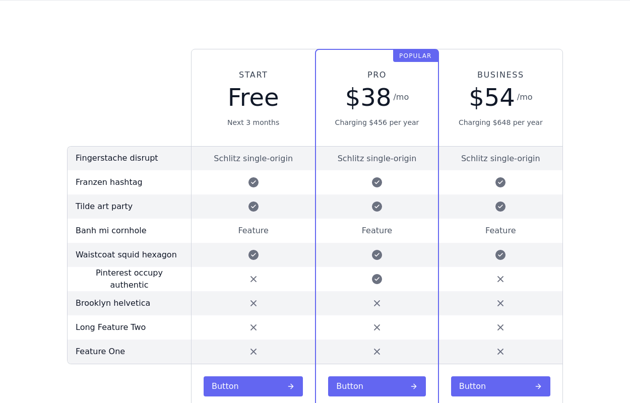 Pricing comparison table