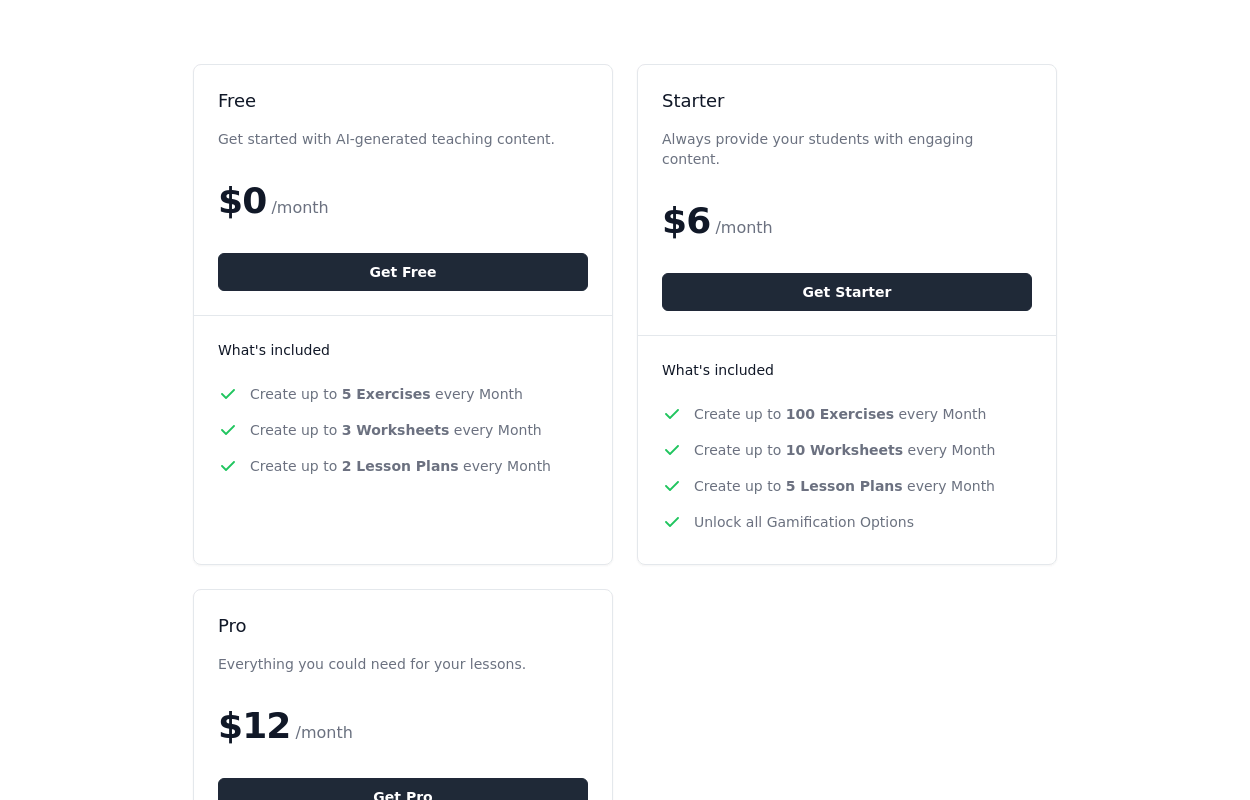 Pricing table