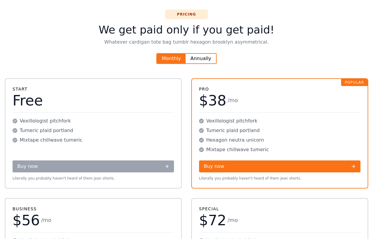 Responsive pricing cards with heading