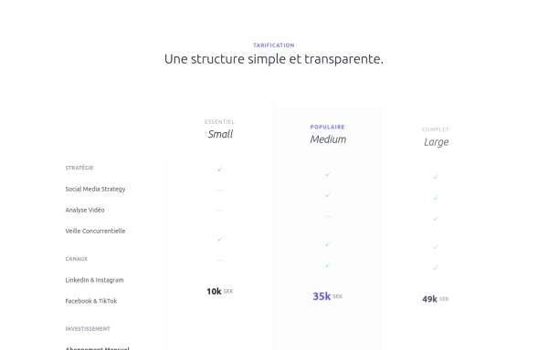Une structure simple et transparente. pricing