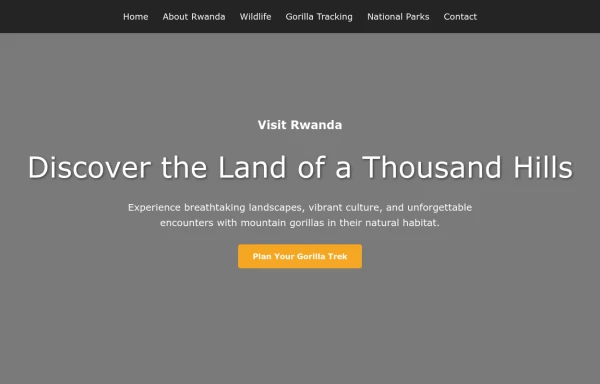 "Visit Rwanda" tourism website focusing on wildlife, particularly mountain gorillas